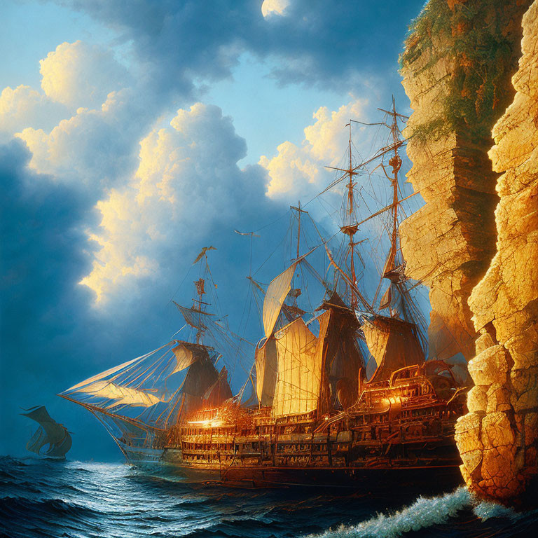 Majestic sailing ships near towering cliffs under dramatic sky
