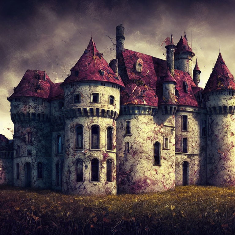 Aged castle with towering spires in a gloomy landscape