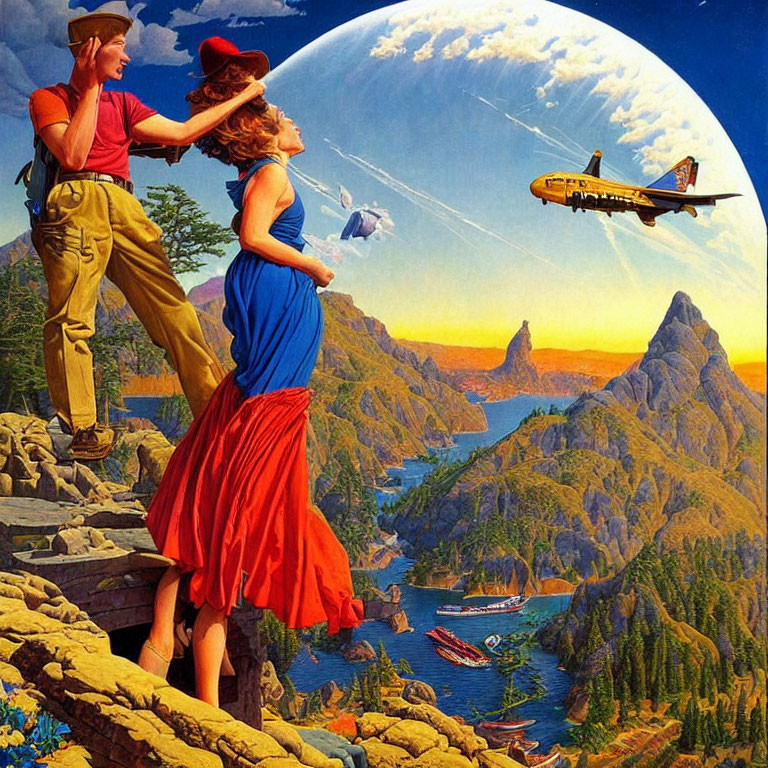 Illustration of couple viewing airplane over scenic landscape with moon, mountains, ship, and whale.