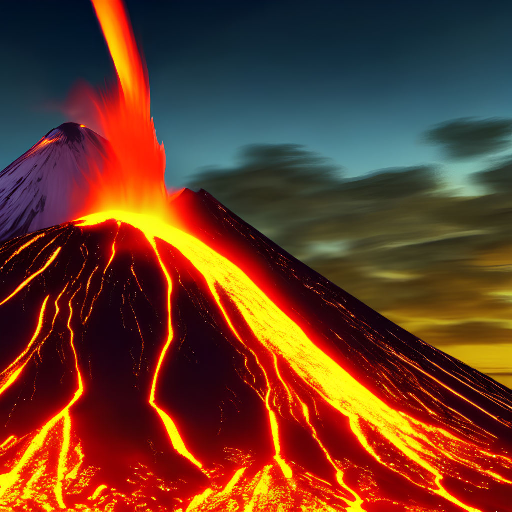 Volcano erupting with molten lava at twilight