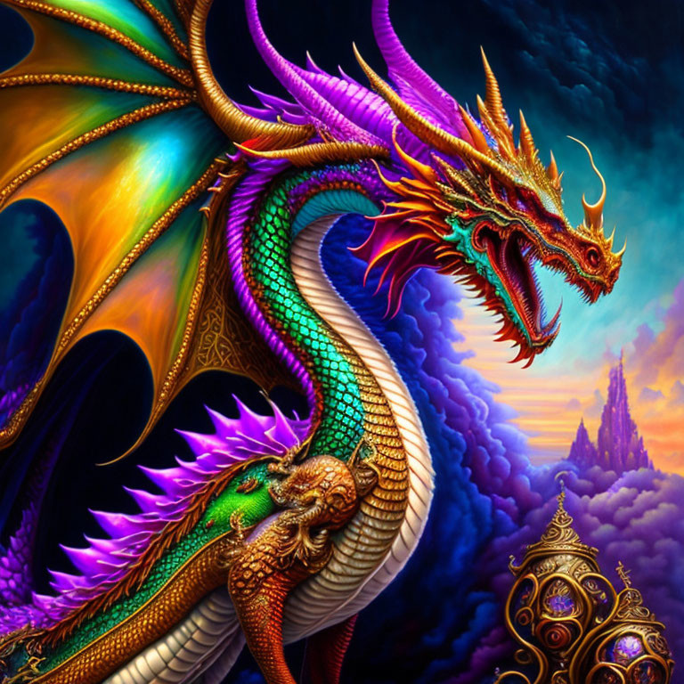 Colorful Dragon with Iridescent Scales in Fantasy Landscape