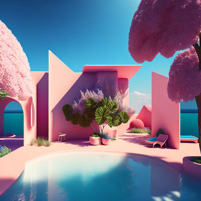 Surreal pink architectural scene with pool and stylized trees