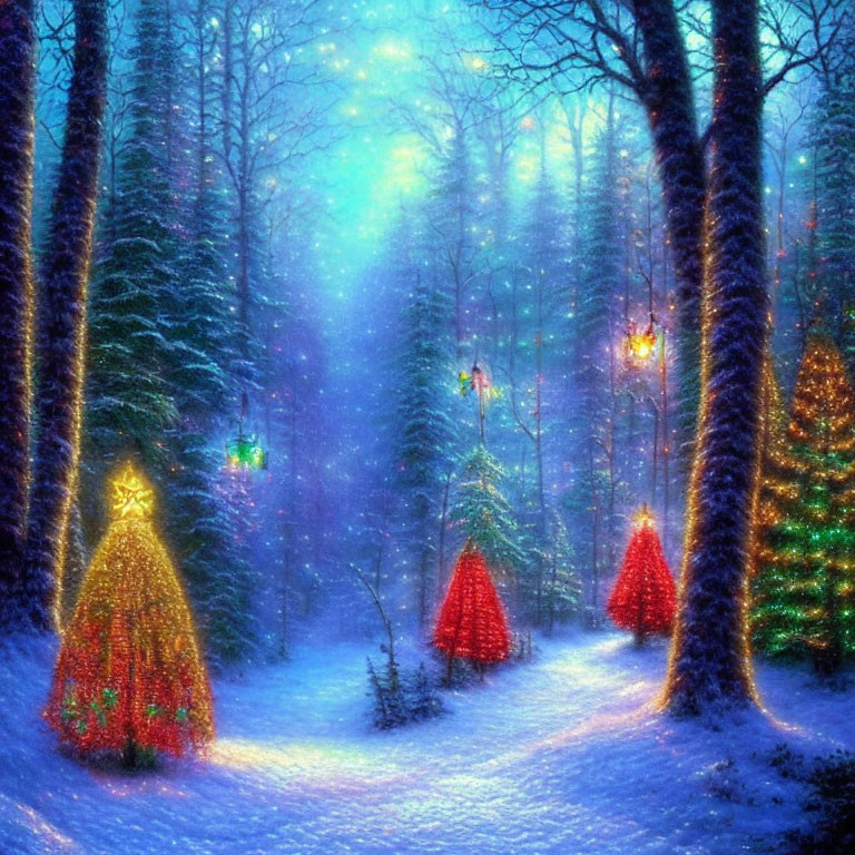 Winter Forest Night Scene with Snow-Covered Trees and Colorful Lights
