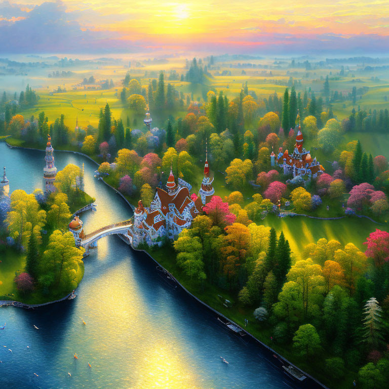 Fairytale Castle Surrounded by Autumn Foliage and River at Sunrise