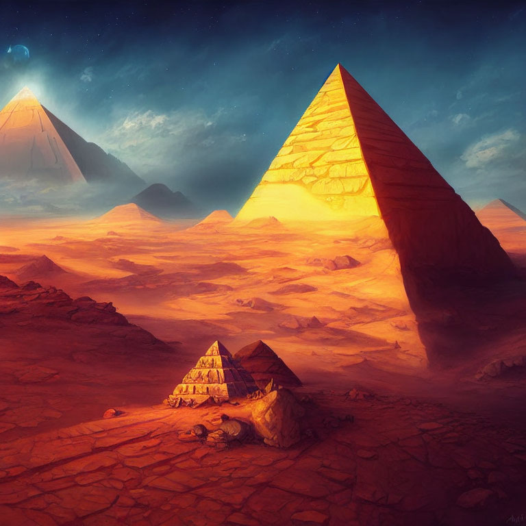 Surreal desert landscape with illuminated pyramids at sunset