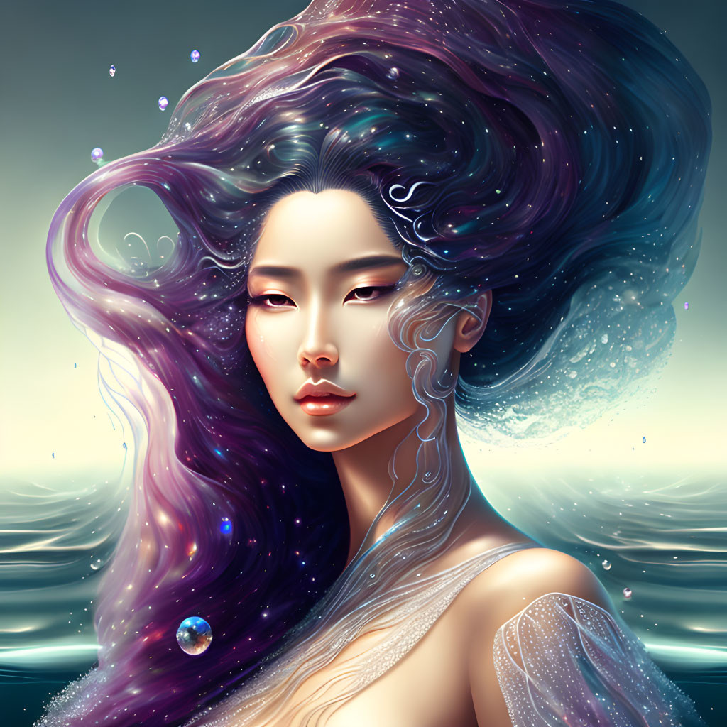 Illustrated portrait of a woman with flowing hair merging into a starry nebula, featuring bubbles and