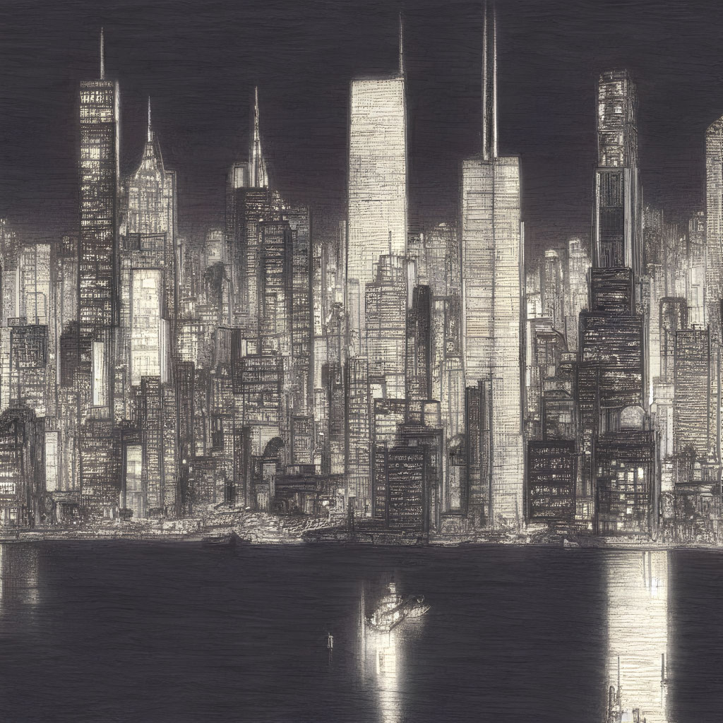 Detailed Monochromatic City Skyline Sketch at Night