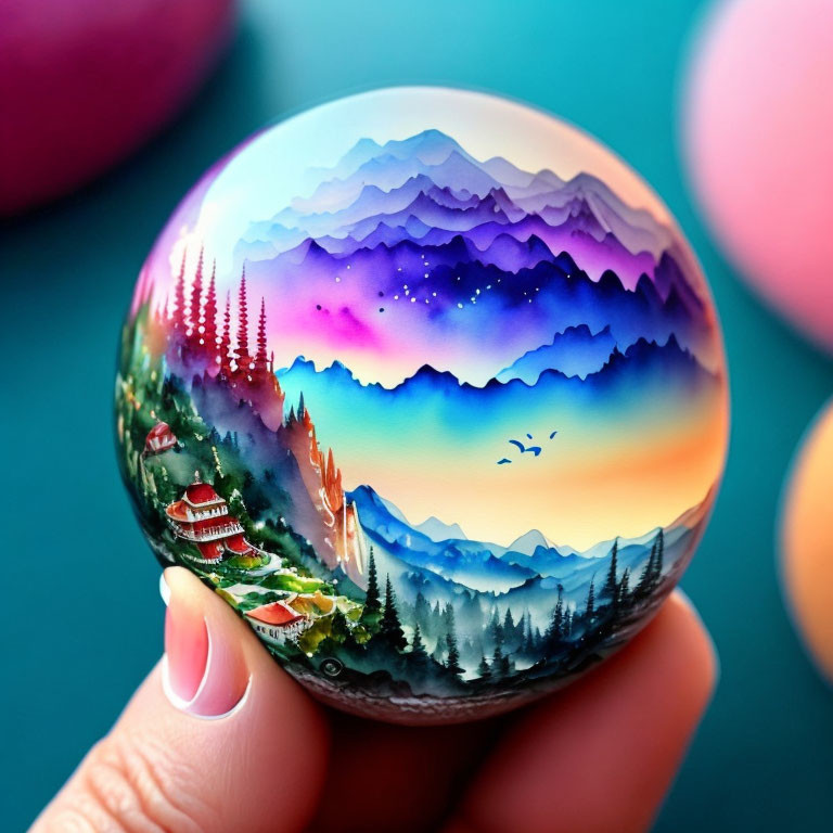 Detailed landscape painting on spherical canvas: mountains, forests, castle, starry sky