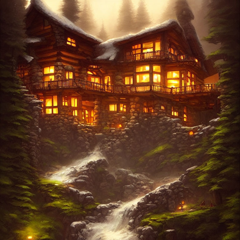 Snow-covered forest cabin overlooking stream at dusk