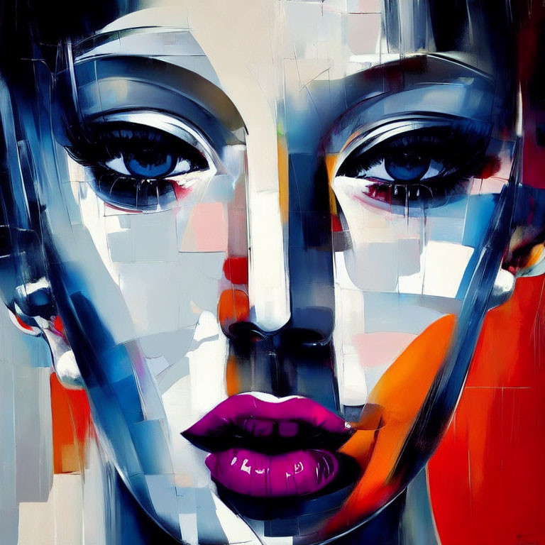 Vibrant geometric portrait with bold colors and striking features
