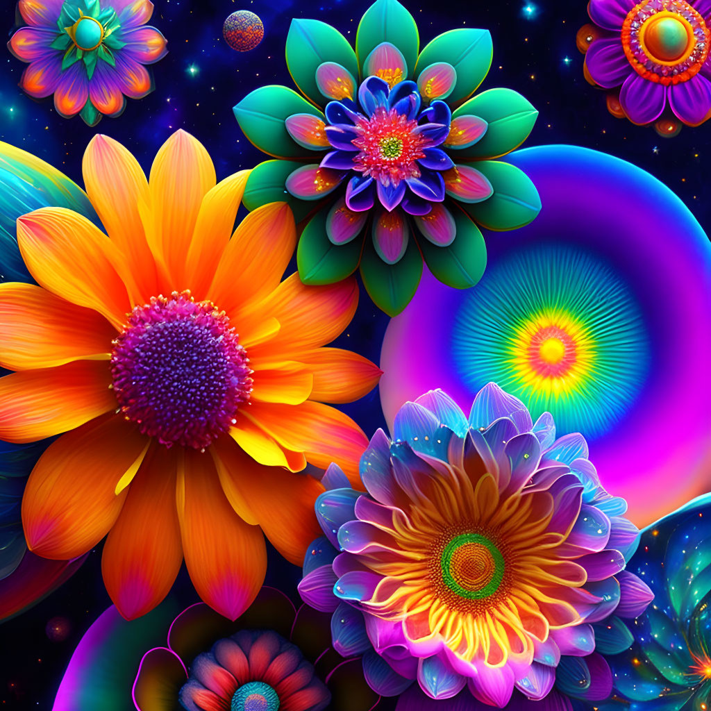 Colorful digital artwork: neon flowers on cosmic backdrop