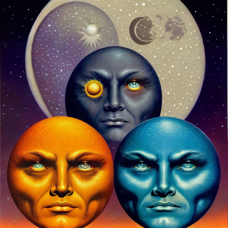Colorful cosmic faces on moon and planet background