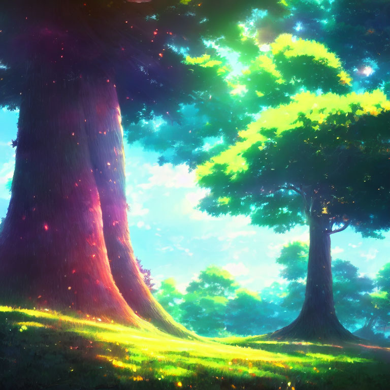 Vibrant sunlit forest with two large trees and lush grass