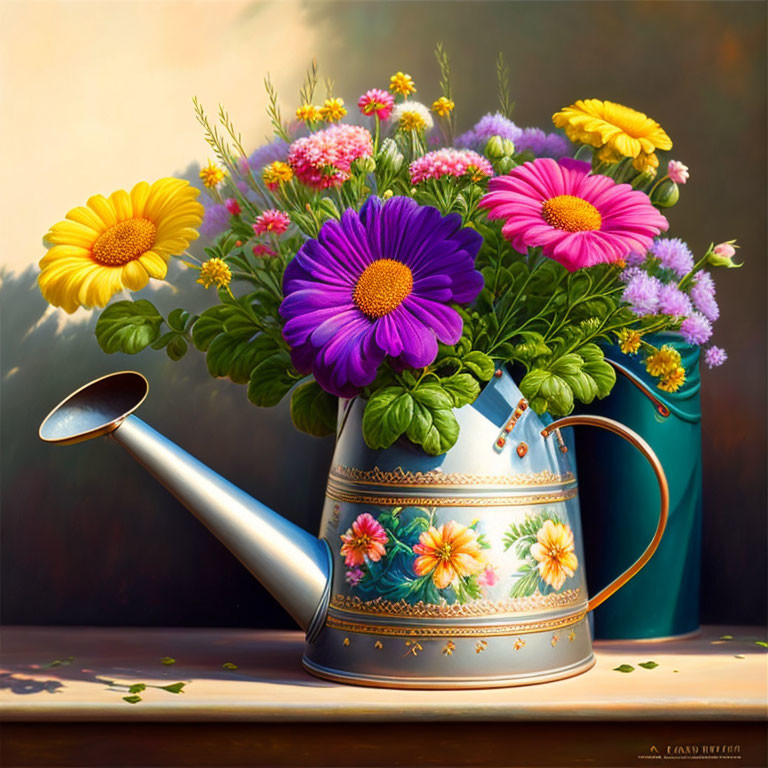 Colorful Flower Bouquet in Decorated Watering Can and Green Watering Pot