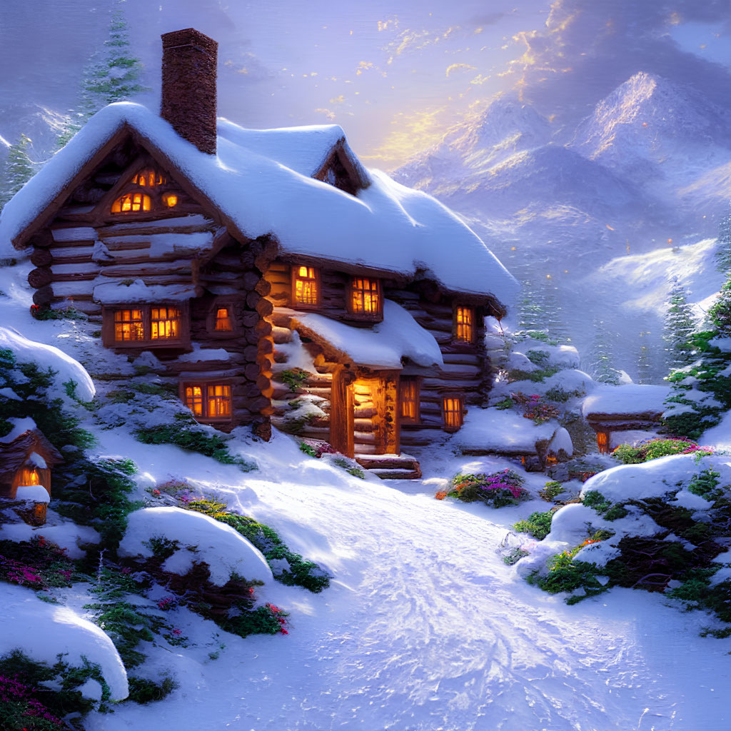 Snowy landscape: Cozy log cabin, frosted trees, twilight sky