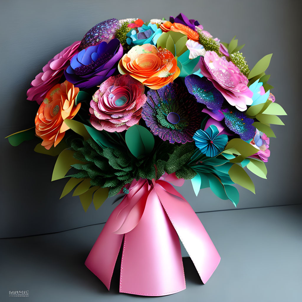 Colorful Paper Flower Bouquet Tied with Pink Ribbon