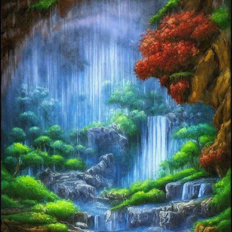 Serene waterfall painting with lush greenery and red tree