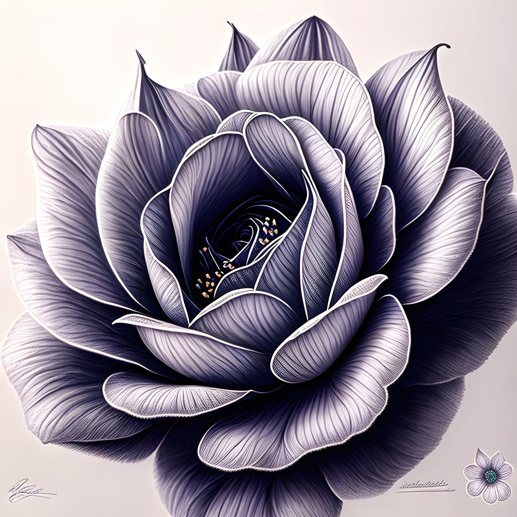 Detailed Illustration of Purple and White Rose with Intricate Shading