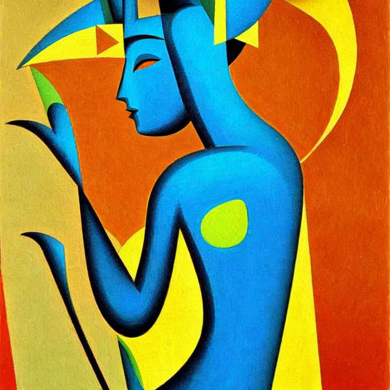 Cubist-style abstract painting with blue-skinned figure and geometric shapes