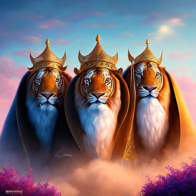Three majestic lions with golden crowns in mystical landscape