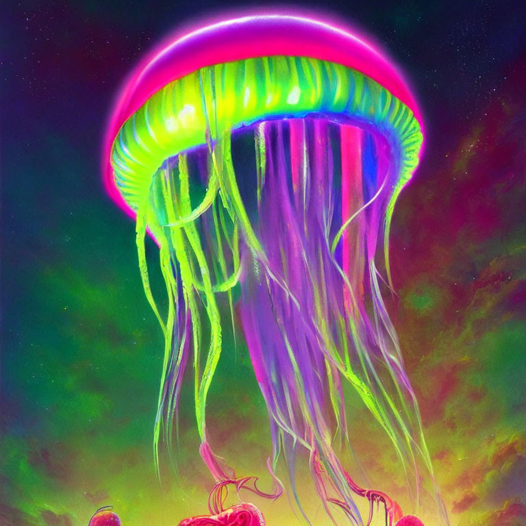 Colorful Jellyfish Illustration with Cosmic Nebula Backdrop