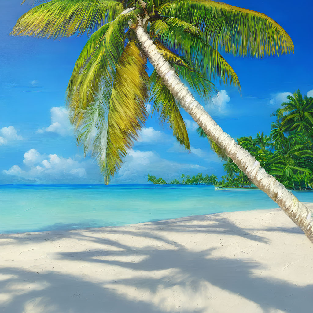 Tropical beach scene with slanted palm tree, white sand, clear blue sky, tranquil sea