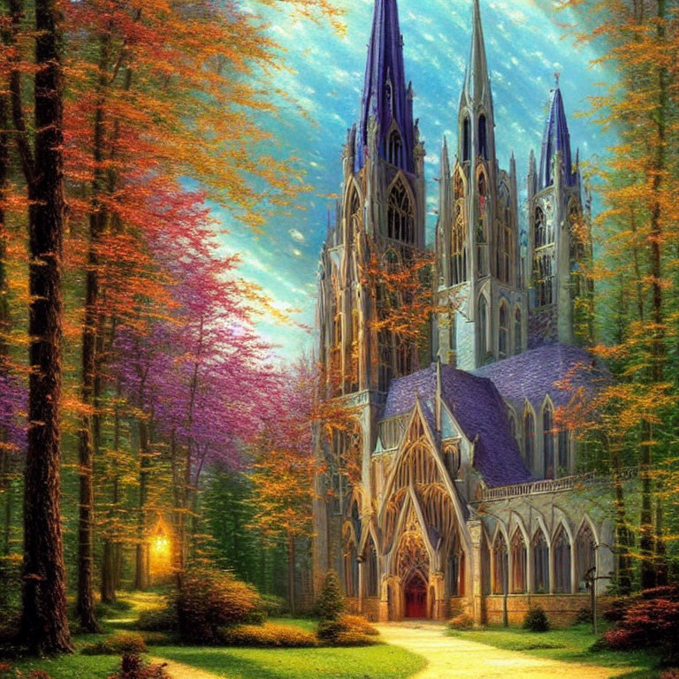 Gothic cathedral in vibrant forest with autumnal foliage