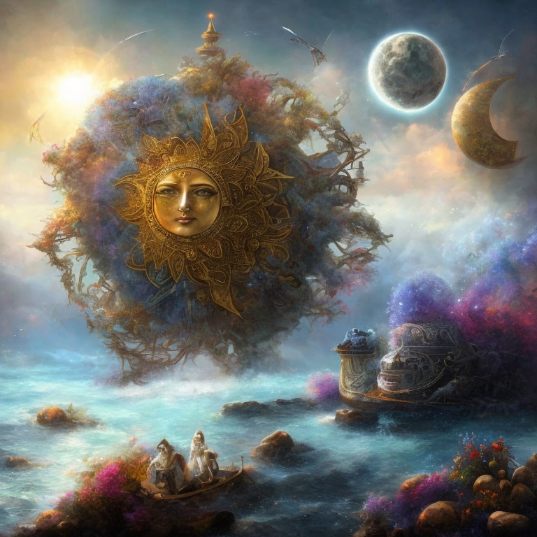 Celestial sun face, moon, and stars in a fantasy sea scene with rowboats and surreal floating