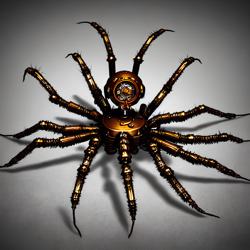 Detailed 3D Mechanical Spider Illustration with Golden and Black Accents