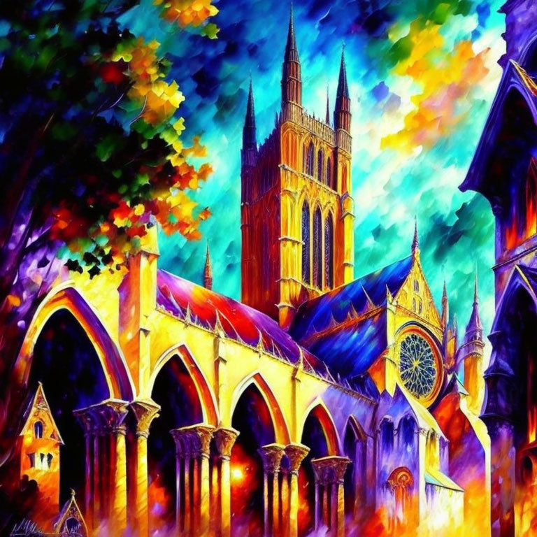 Colorful Gothic Cathedral Painting with Prominent Spire & Surreal Colors