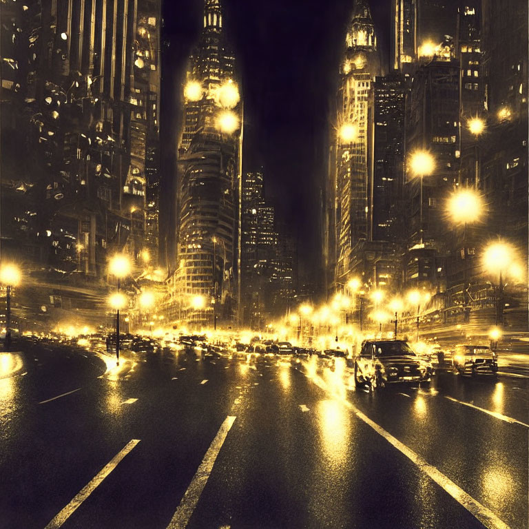 Urban night scene with glowing streetlights and car headlights among towering buildings