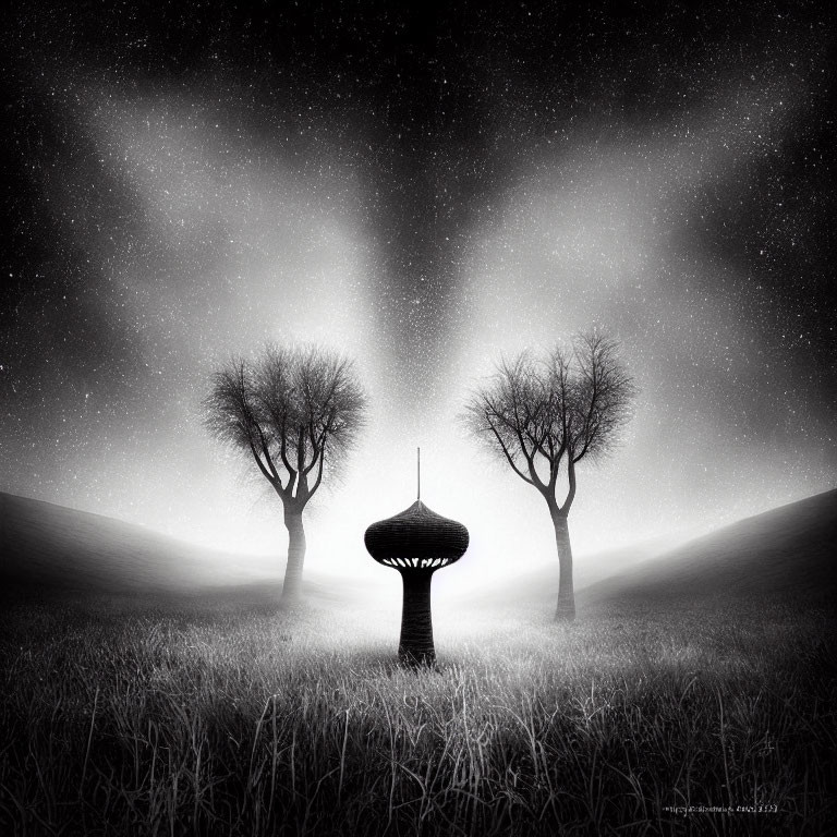 Monochrome fantasy landscape with bare trees, ornate streetlamp, starry sky, and hilly