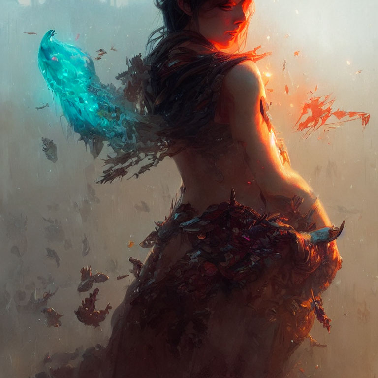 Ethereal woman with autumn leaf wings in swirling dance