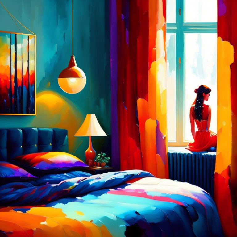 Colorful Painting: Woman by Window in Bright, Abstract Room