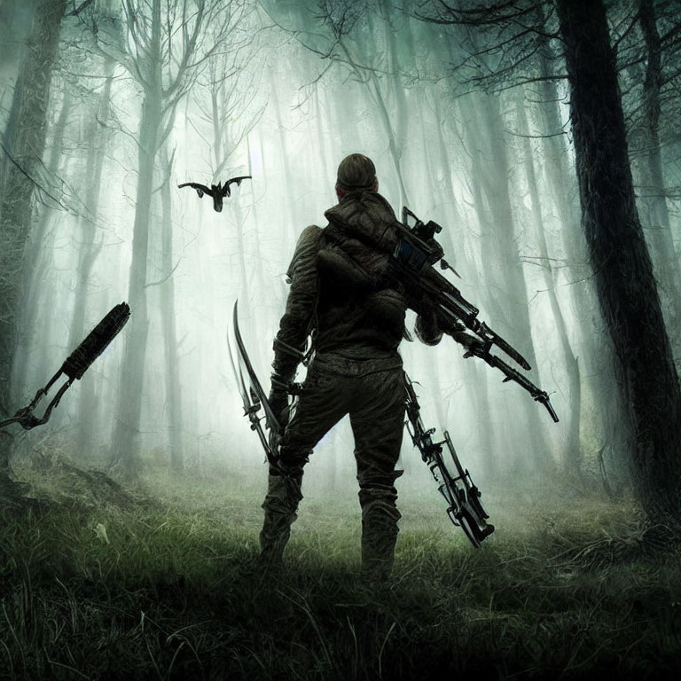Camouflaged person with rifle in misty forest, dragon flying, swords in ground