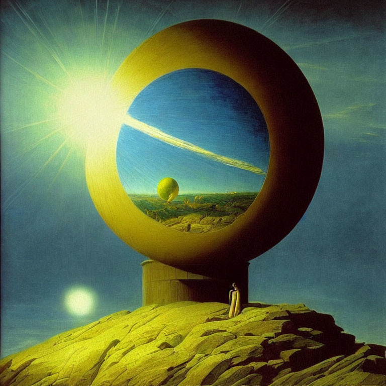 Surreal painting with spheres, sunburst, and lone figure sitting on rocky outcrop