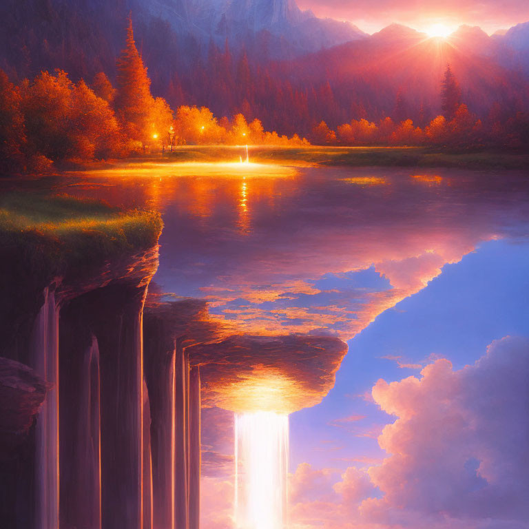 Tranquil sunrise landscape with trees, lake, and waterfalls