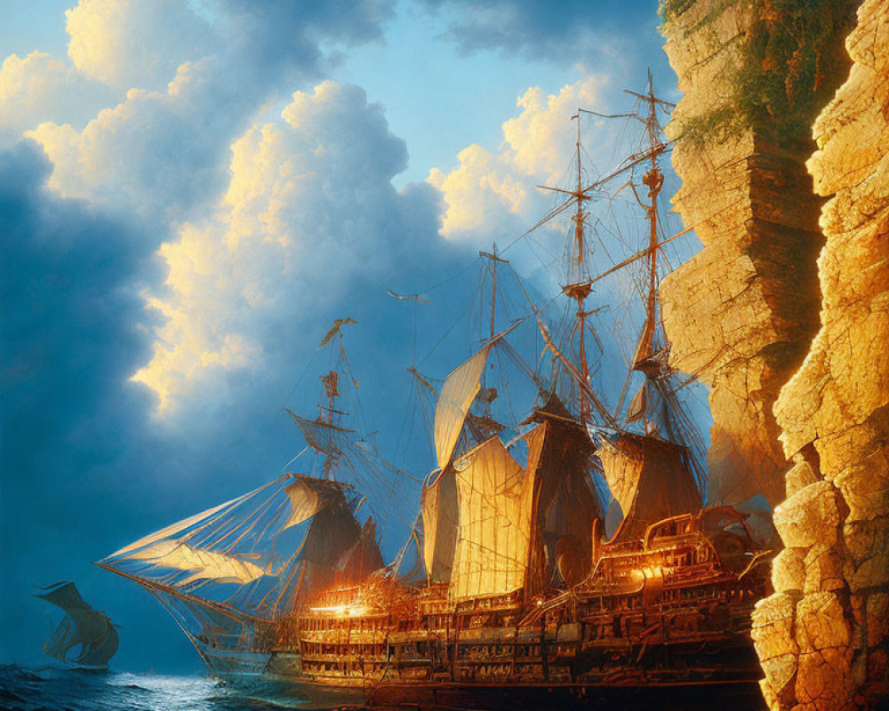 Majestic sailing ships near towering cliffs under dramatic sky
