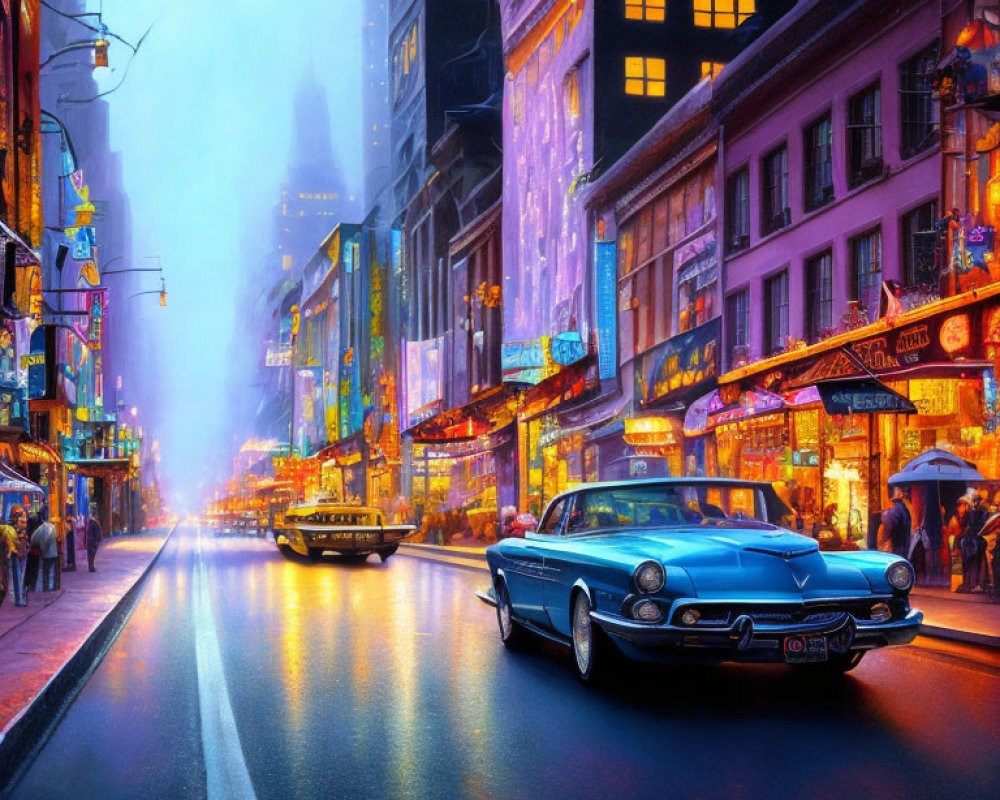 Classic cars on rainy street at dusk with neon-lit buildings, evoking nostalgic urban vibe