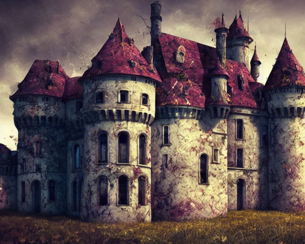 Aged castle with towering spires in a gloomy landscape