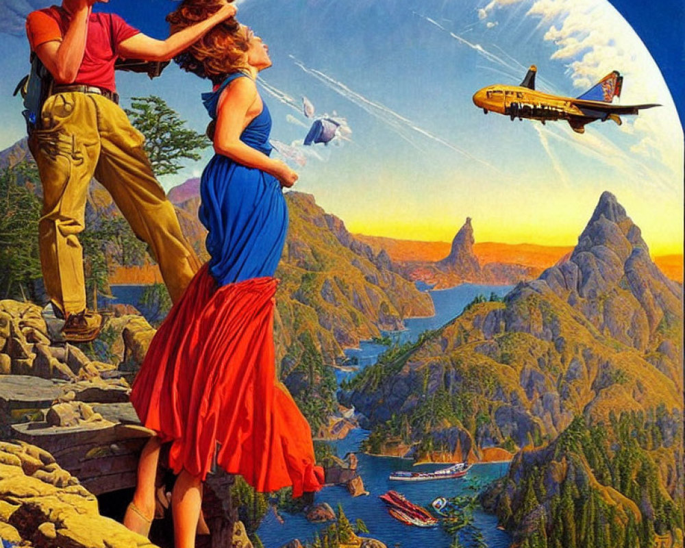 Illustration of couple viewing airplane over scenic landscape with moon, mountains, ship, and whale.