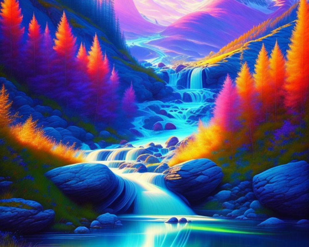 Fantasy landscape digital artwork with colorful trees, waterfalls, and illuminated mountains