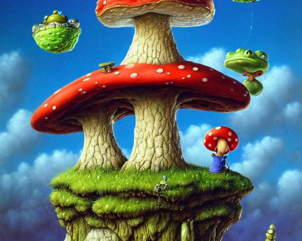 Whimsical tree illustration with green frogs and mushroom caps