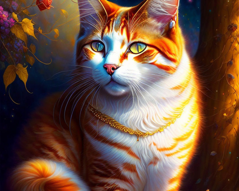 Colorful Orange and White Cat with Blue and Yellow Eyes in Whimsical Forest Setting