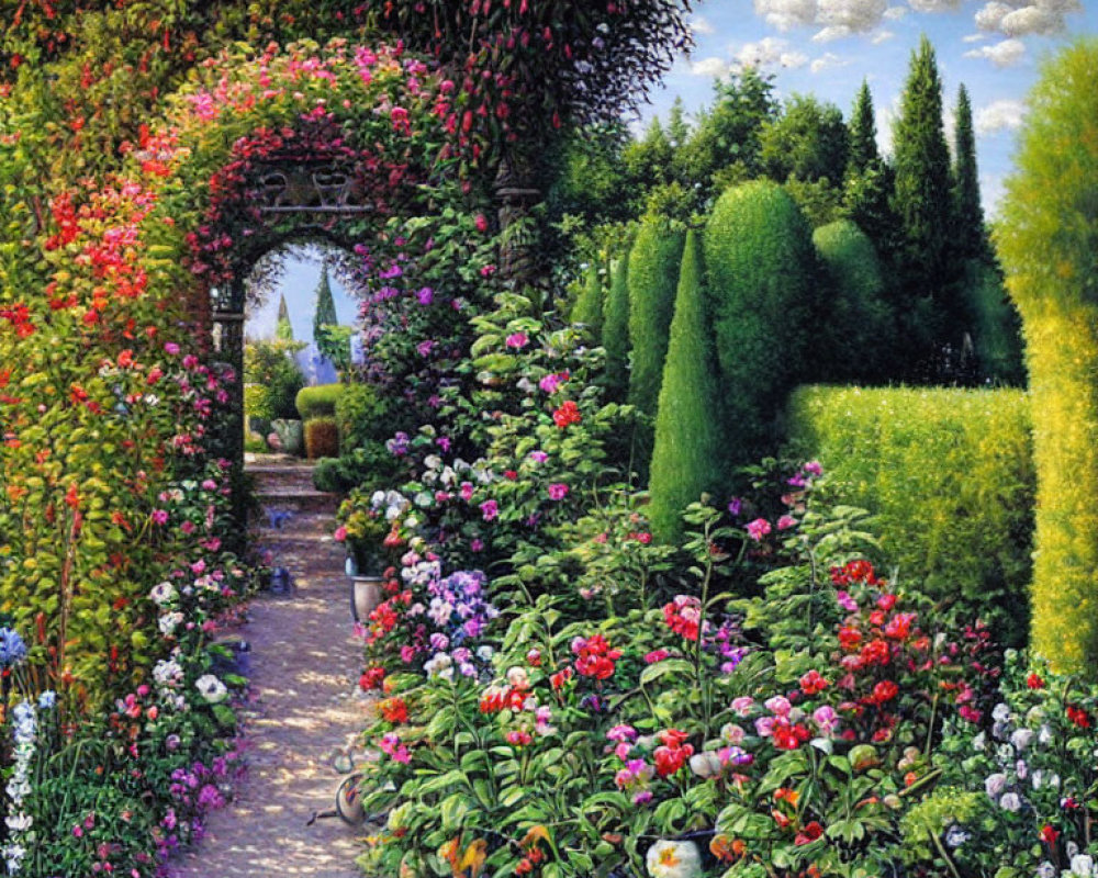 Lush Flower-lined Garden Pathway to Archway and Formal Garden