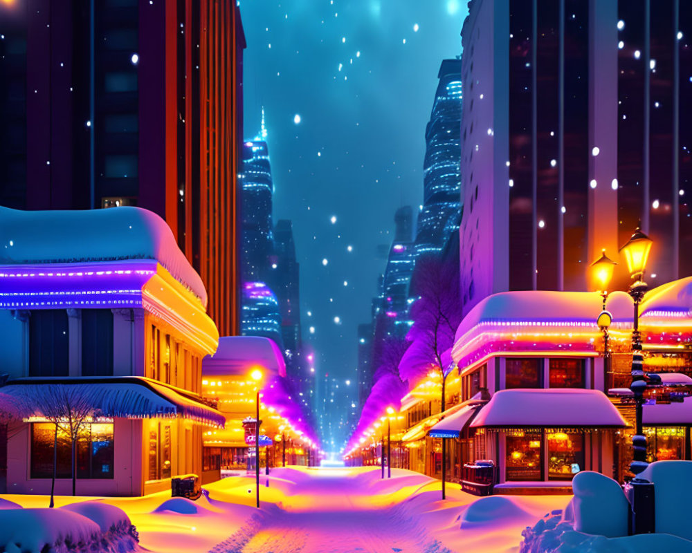 Snow-covered city street at night with neon lights and starlit sky