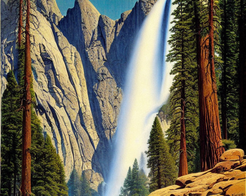 Majestic waterfall cascading over cliff with pine trees under blue sky