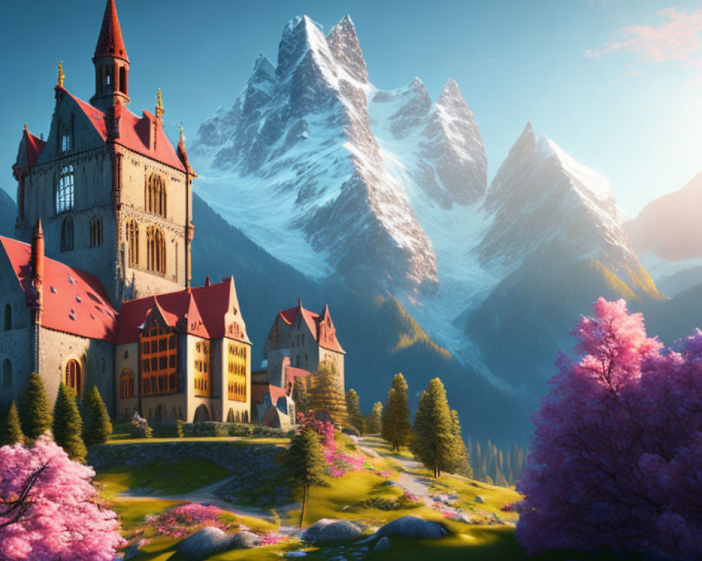 Majestic castle in scenic landscape with pink trees and mountain backdrop