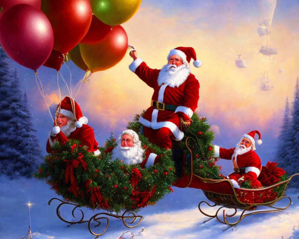 Festive Santa Claus scene with balloons and flying sleighs in snowy landscape