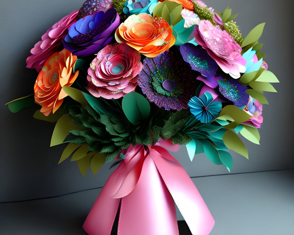 Colorful Paper Flower Bouquet Tied with Pink Ribbon